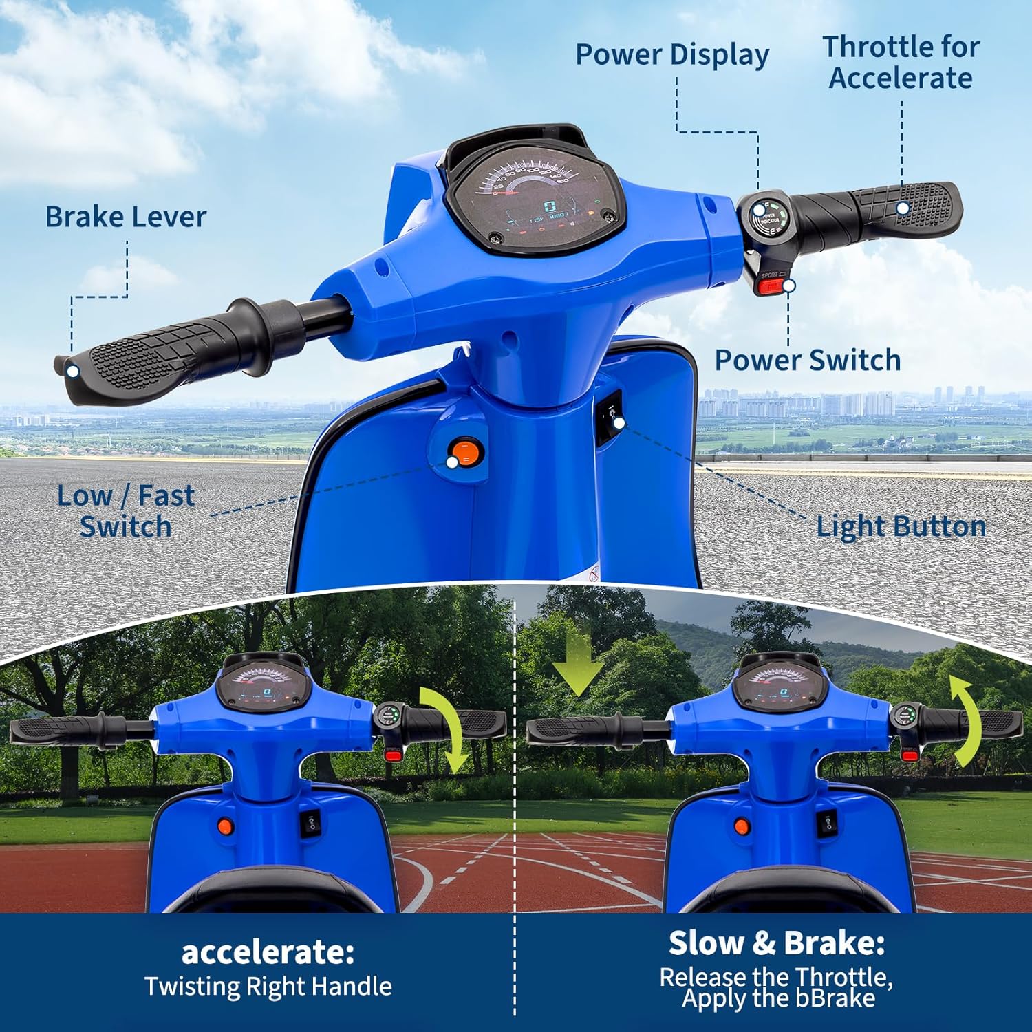 24V Moped Scooter for Kids - Electric Motorcycle for Kids - Electric Scooter with Seat for Children - Ride on Toy with LED Light for Girls