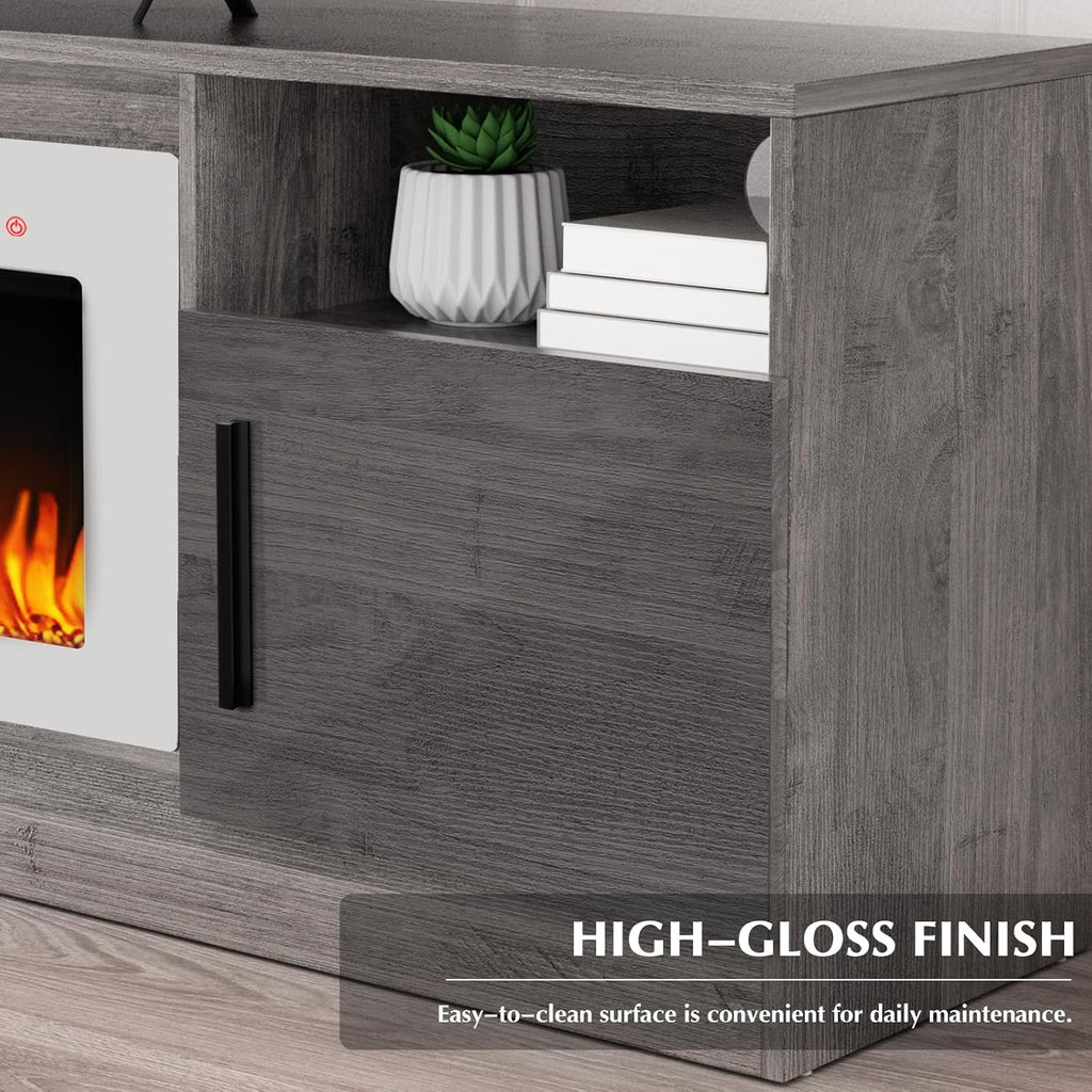 Lemberi Fireplace tv Stand with 36 inch White Fireplace Up to 80" TVs,LED Light Entertainment Center and Storage, 70" Modern Wood Media TV Console with Highlight Cabinet for Living Room (Gray)