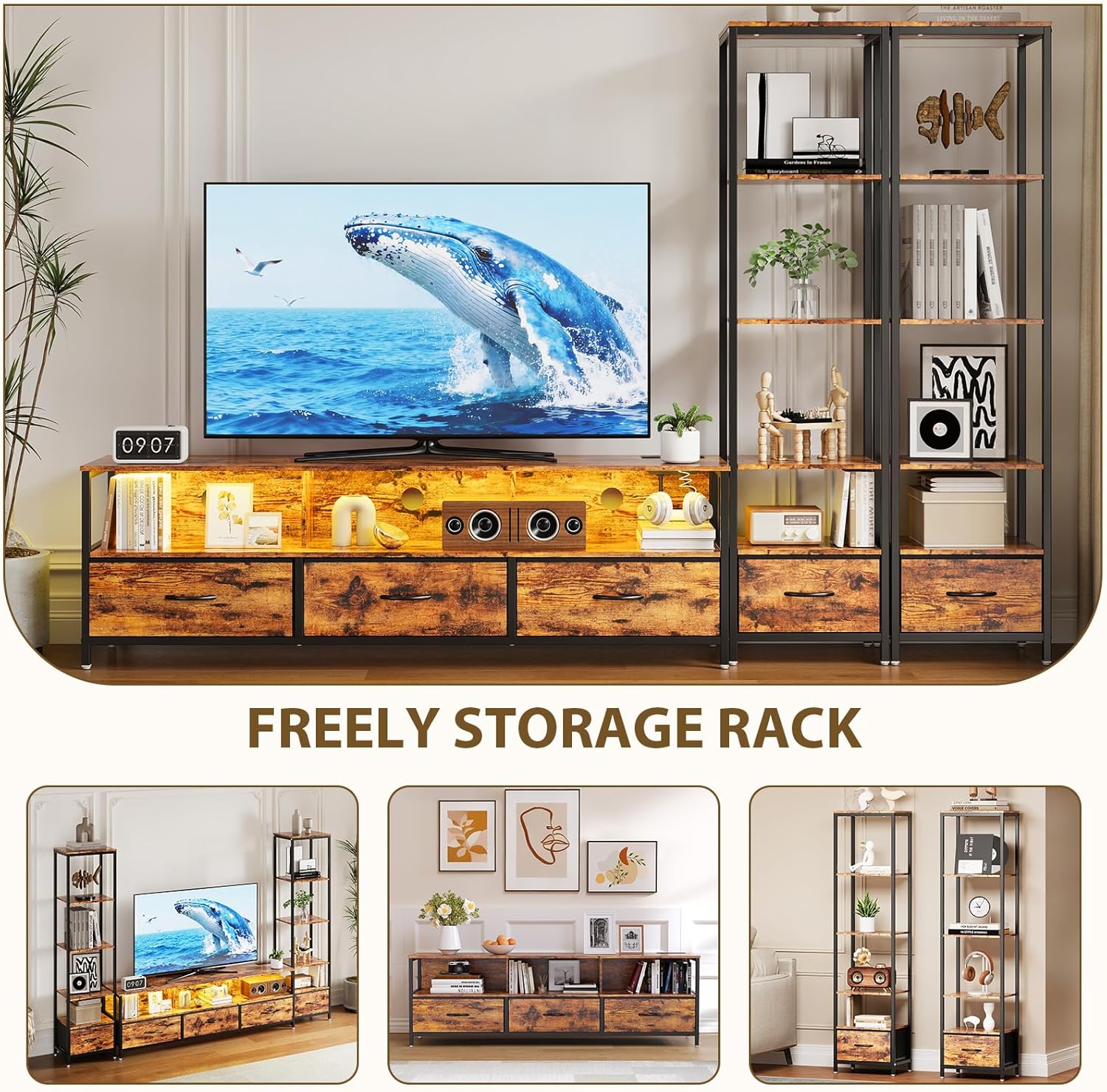 IDEALHOUSE TV Entertainment Center for Living Room, Large LED TV Stand with Storage, Modern Media Center for TVs Up to 70"