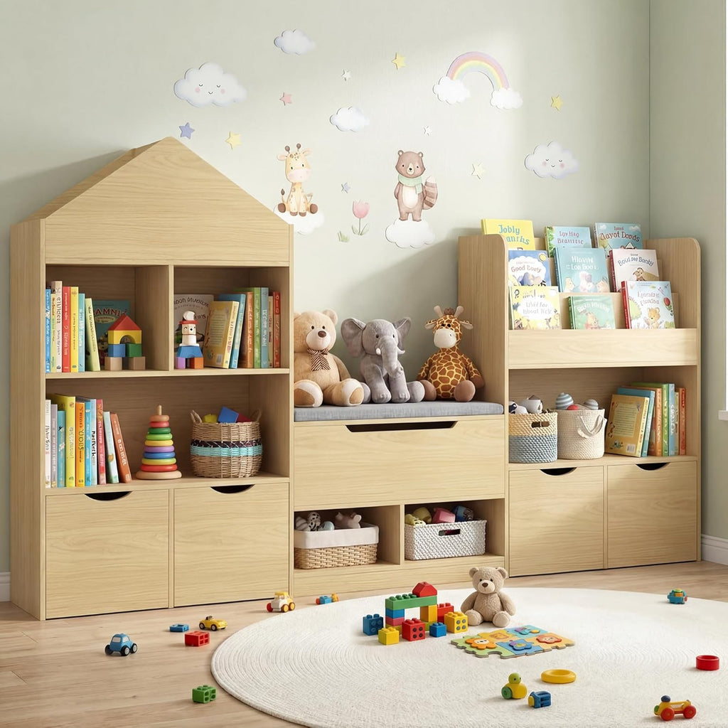 72" Kids Castle Bookshelf with Reading Nook, Large Toy Storage Organizer with Seat Cushion, 4 Drawers, Wheels, Kids Bookshelf and Bookcase w/8 Cubbies for Playroom, Nursery, Bedroom (Burlywood)