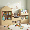 72" Kids Castle Bookshelf with Reading Nook, Large Toy Storage Organizer with Seat Cushion, 4 Drawers, Wheels, Kids Bookshelf and Bookcase w/8 Cubbies for Playroom, Nursery, Bedroom (Burlywood)