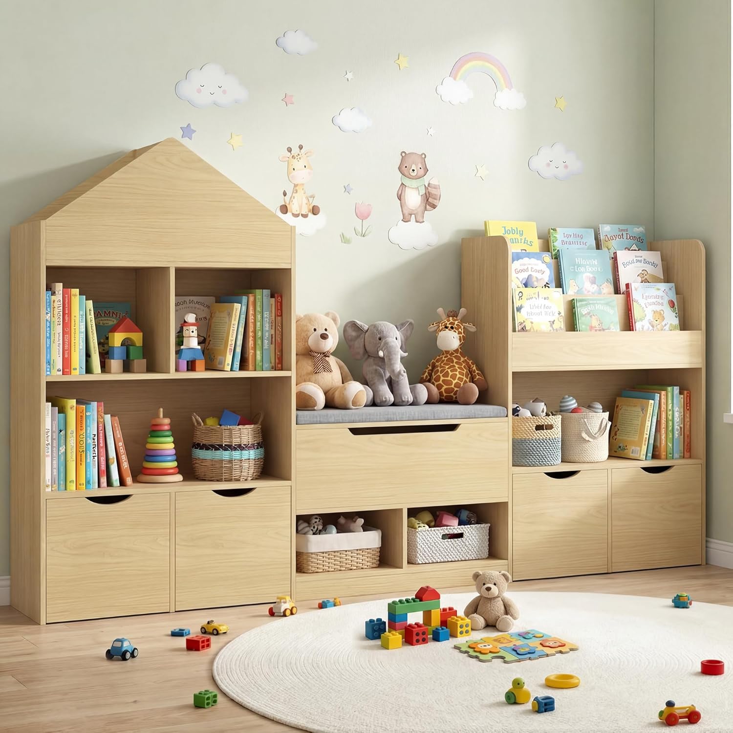 72" Kids Castle Bookshelf with Reading Nook, Large Toy Storage Organizer with Seat Cushion, 4 Drawers, Wheels, Kids Bookshelf and Bookcase w/8 Cubbies for Playroom, Nursery, Bedroom (Burlywood)