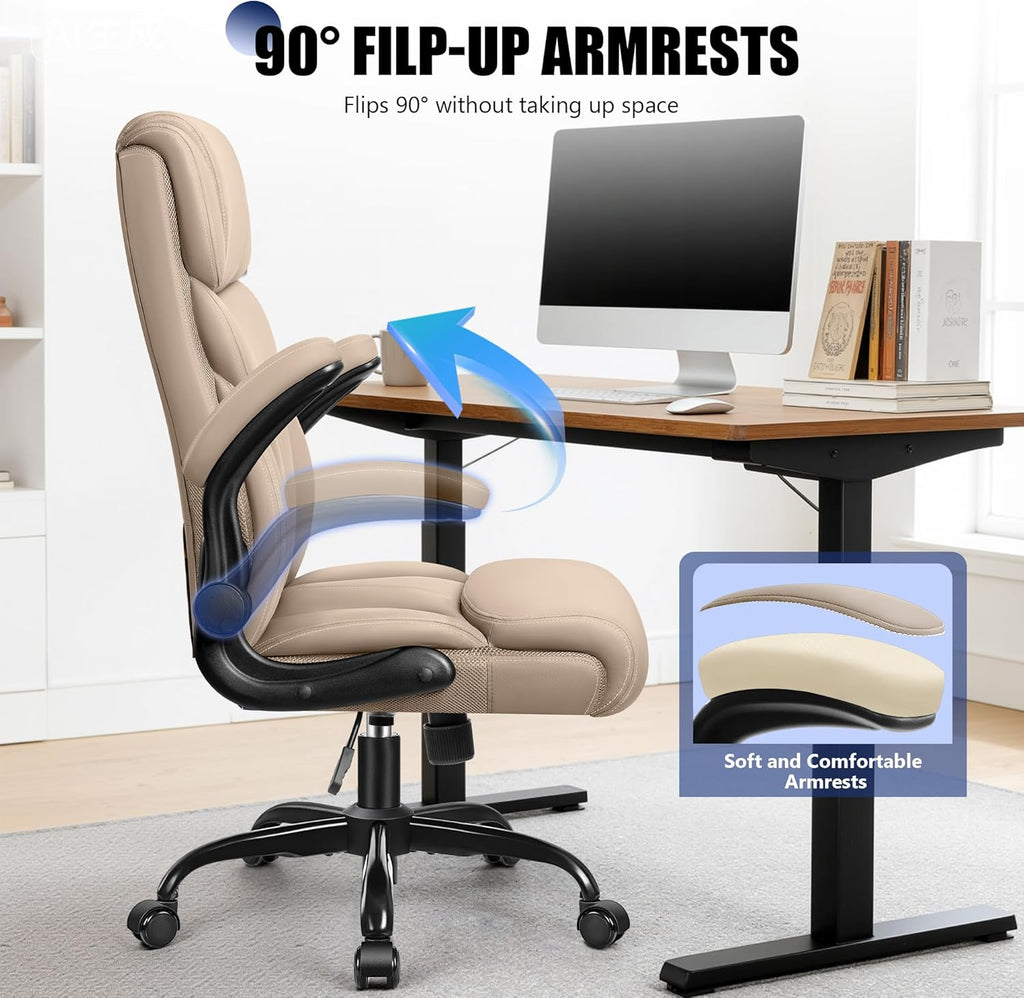 Primy Office Chair, Ergonomic Leather Desk Chair with Flip-up Armrests, Big and Tall High Back Executive Computer & Gaming Chair with Footrest, Comfy Padded, Rocking Function and Lumbar Support(Khaki)
