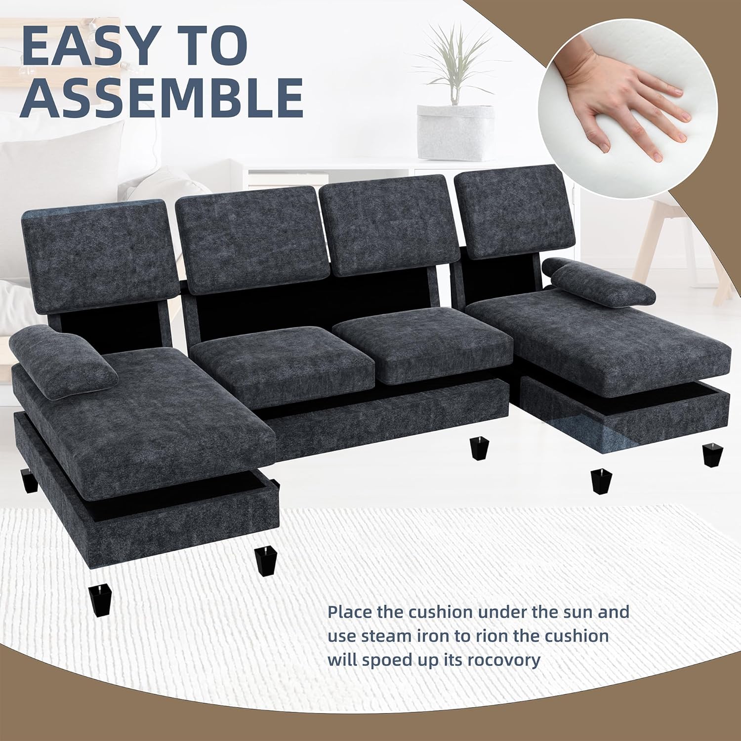 U-Shaped Sectional Couches for Living Room, 4 Seat Sofa with Double Chaise Lounges,Solid Wood Frame Sectional Sofa for Apartment,Dark Grey