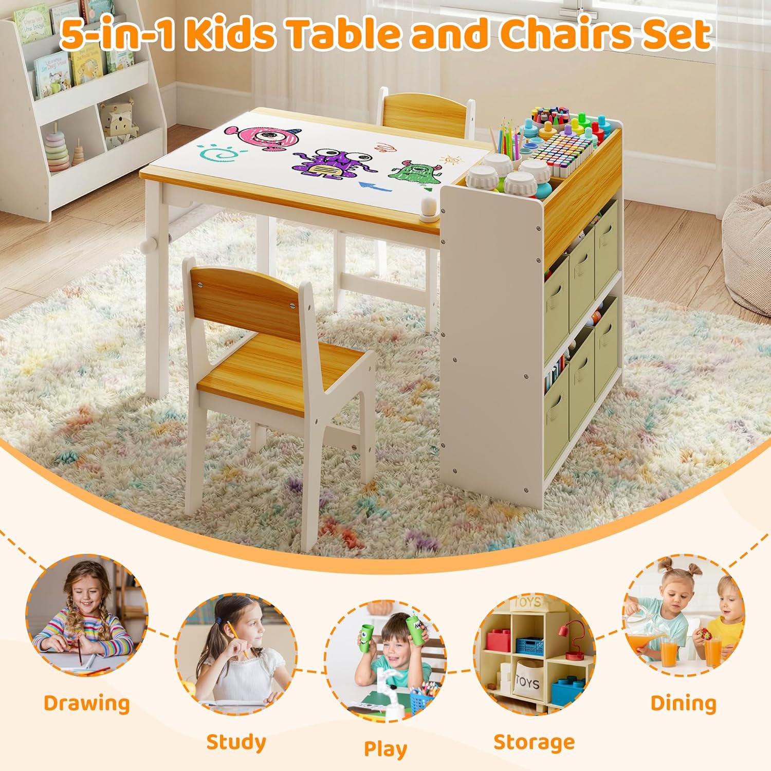 GITAWUSA Kids Art Table and Chairs, Wooden Kids Craft Table and Chairs with Storage Bins and Paper Roll, Toddler Activity Play Desk for Drawing/Learning/Read, Toddler Table and Chair Set for Boy/Girl