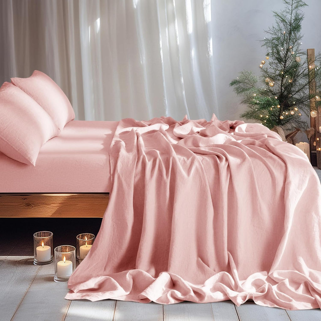 LBRO2M 100% Pure Linen Sheet Set Deep Pocket Up to 16" Bed Sheets Sets, Natural Flax Beddings Soft, Breathable, Comfortable for All Seasons 4 Pcs Sheet Set Queen Size, Blush Pink
