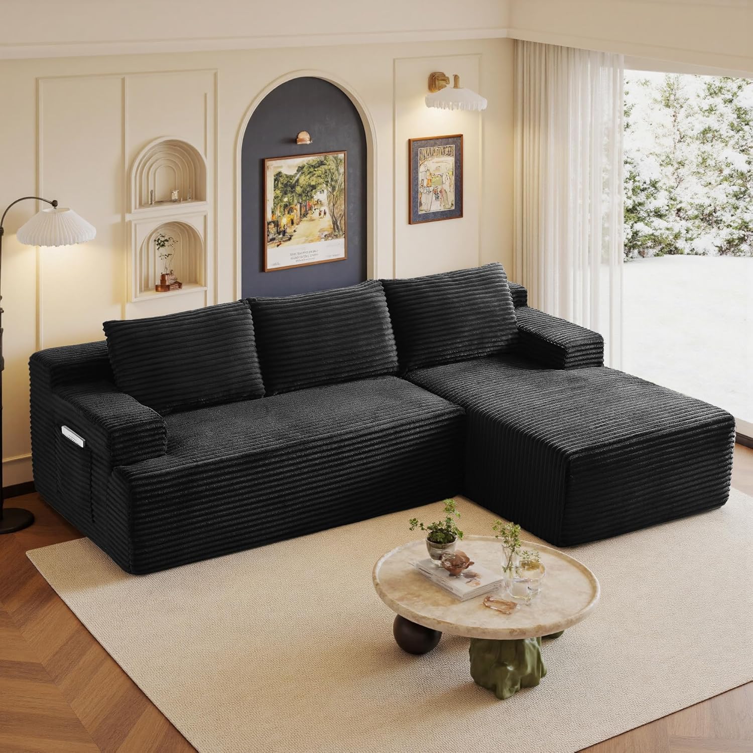 Sectional Couches for Living Room Cloud Couch Sofa with L-Shape Upholstered Boneless Couchs Modern Modular Sectional Couch with Chaise (Black, 96" W+Right Facing Chaise+2Seaters)
