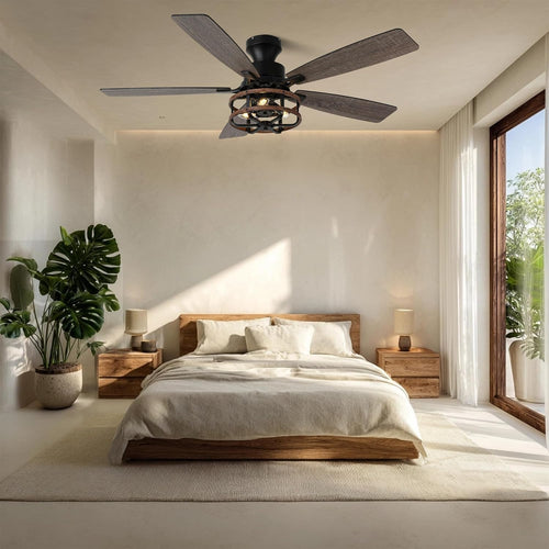 52" Farmhouse Ceiling Fans with Lights and Remote,Chandelier Ceiling Fan with 5 Double Colour Blades Reversible DC Motor,Rustic Caged Ceiling Fan for Living Room,Dining Room,Bedroom