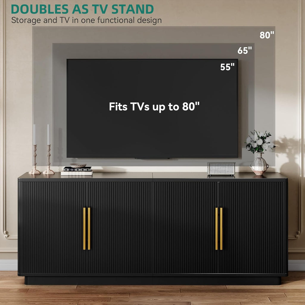 YITAHOME TV Stand for TVs up to 80 Inches, Media Console with 4 Fluted Doors, 70" Entertainment Center with Ample Storage for Living Room(Black Oak)