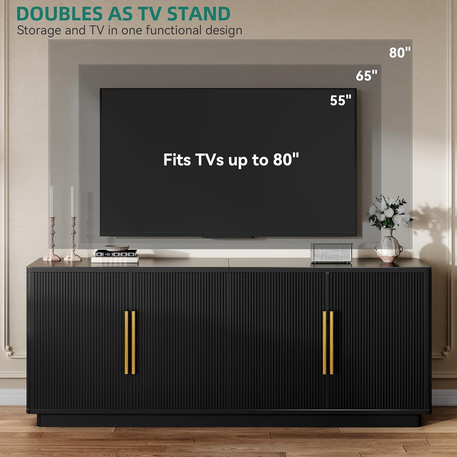 YITAHOME TV Stand for TVs up to 80 Inches, Media Console with 4 Fluted Doors, 70" Entertainment Center with Ample Storage for Living Room(Black Oak)