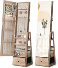 Nicetree 360°Swivel Jewelry Cabinet, Rotatable Full Length Mirror with Jewelry Storage, Standing Jewelry Armoire Organizer, Lockable Jewelry Organizer with 3 Rear Shelves, Bottom Drawer, Oak