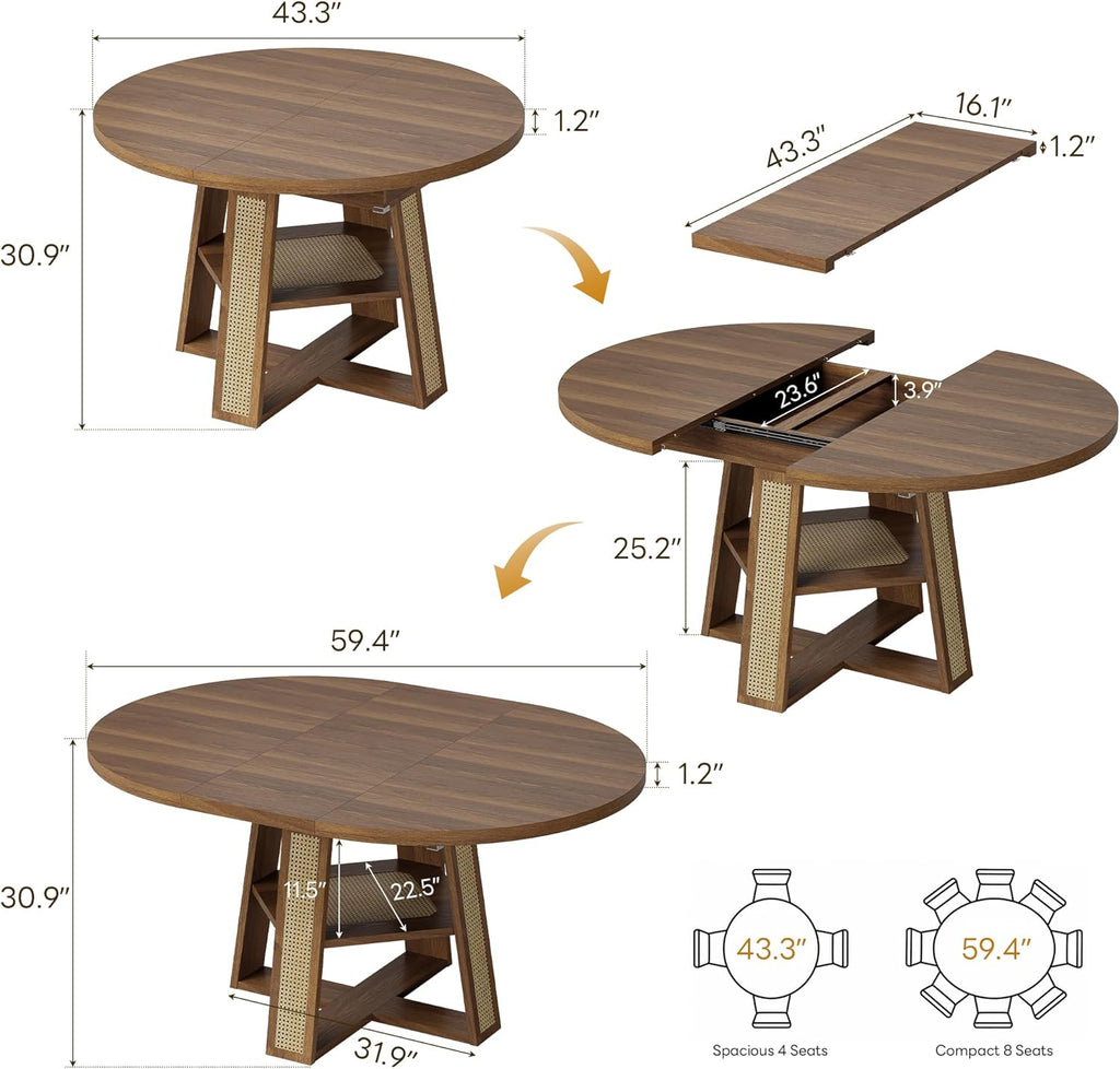 LIKIMIO 43"-59" Extendable Round Dining Table for 4-8, Transformer Oval Dining Room Table with Removable Leaves Space Saving, Wood Base Kitchen Table with Storage Shelf for Living Room, Walnut