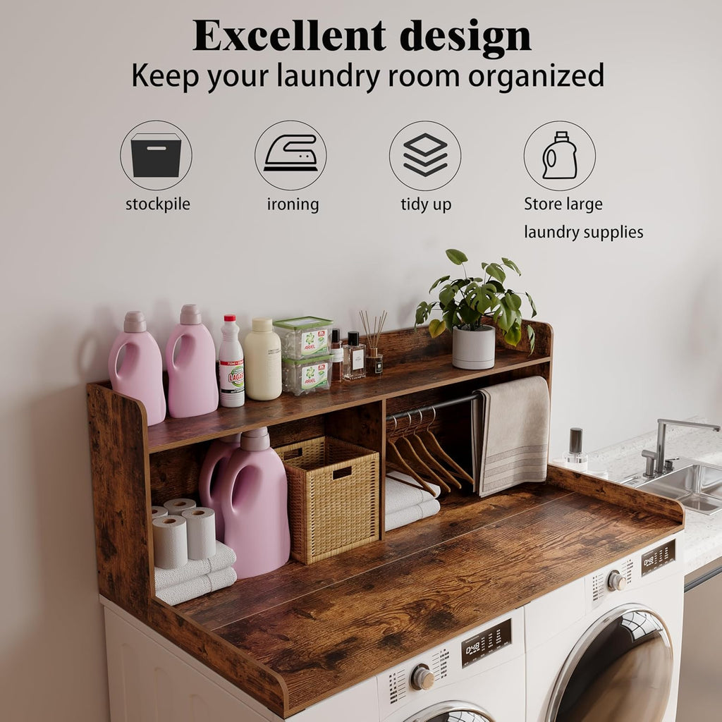 Unionly 2-Tier Washer Dryer Countertop with Clothes Rail，Laundry Topper with Edge and Non-Slip Pad for Washer and Dryer Laundry Hamper Counter Storage Organization (Rustic Brown, Full)