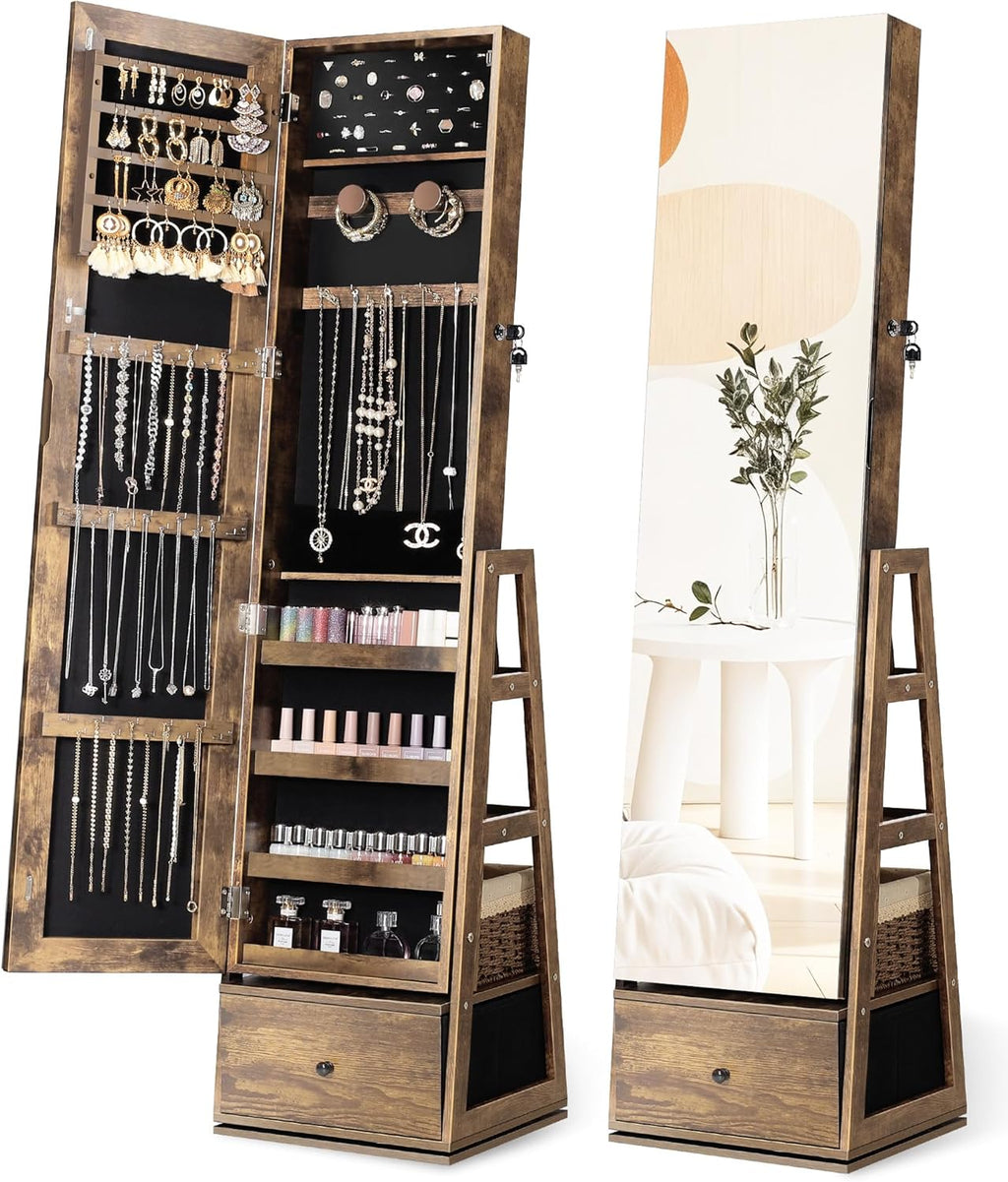 Nicetree 360°Swivel Jewelry Cabinet, Rotatable Full Length Mirror with Jewelry Storage, Standing Jewelry Armoire Organizer, Lockable Jewelry Organizer with 3 Rear Shelves, Bottom Drawer, Rustic Brown