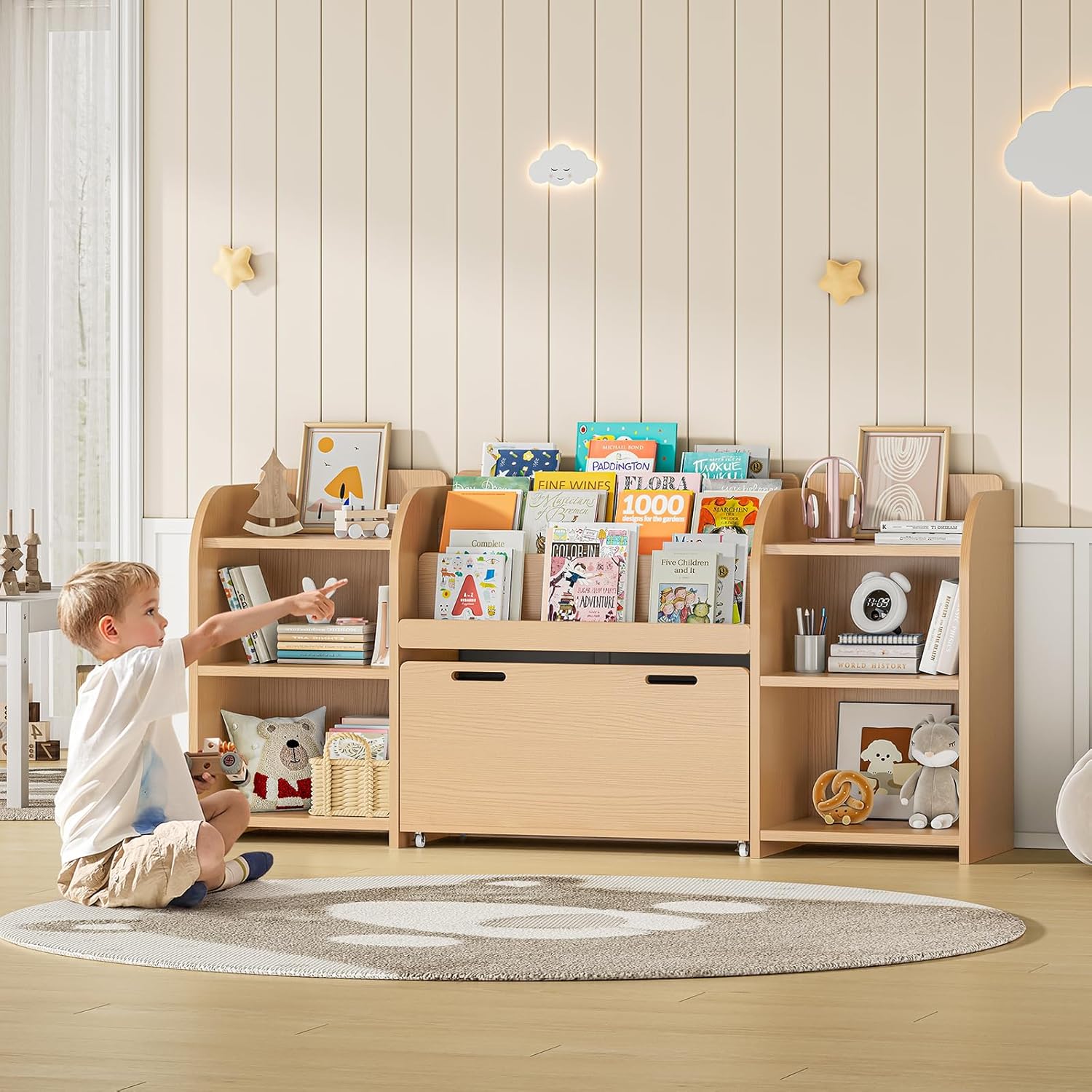 ONBRILL Kids Bookshelf with Reading Nook, 64.5" Toy Storage Organizer with Movable Bench with 3 Storage, Kids Bookcase with 3-Tier Bookshelf, 6 Storages Cubbies, Toy Box & Chest for Bedroom, Playroom