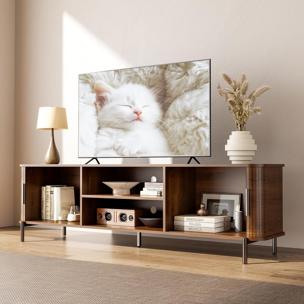 SUNCOZE 70" Mid-Century Fluted TV Stand with Storage, Modern Entertainment Centerfor TVs up to 80 Inch with Sliding Tambour Doors & Open Shelves, Media Console for Living Room or Bedroom (Walnut)
