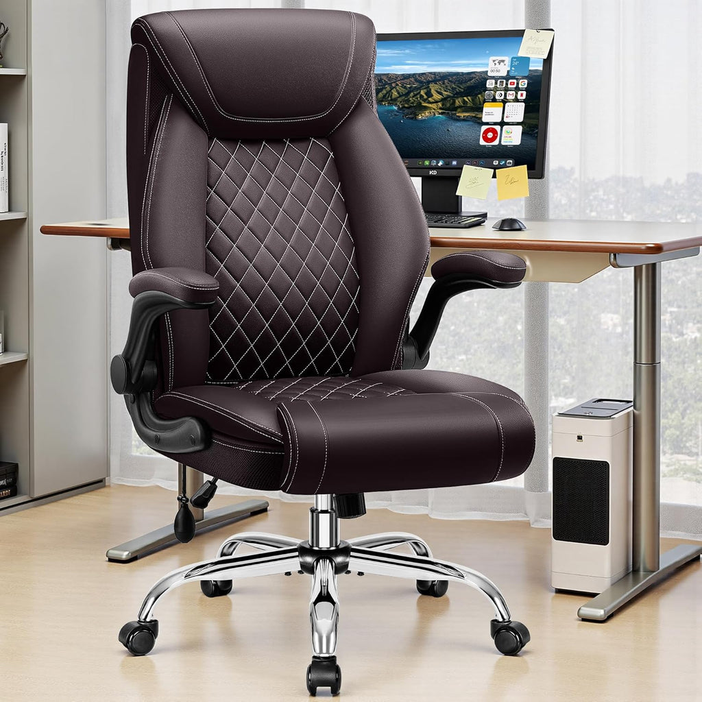 Office Chair, Big and Tall Ergonomic Desk Chair, Executive Leather Computer Chair with Adjustable Lumbar Support, Comfy Gaming Chair with Flip Up Arms, Swivel PC Chair with Rocking Function, Coffee