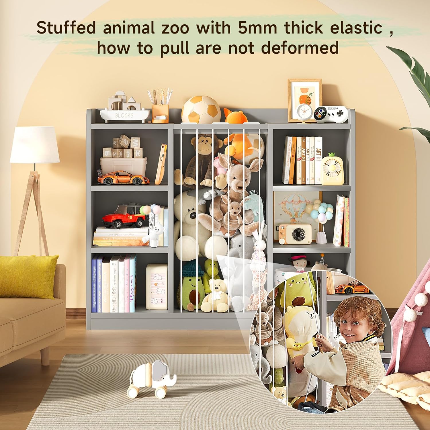 Toddler Stuffed Animal Zoo, Toy Storage Organizer for Playroom, Plush Toy Organizers and Storage, Book Shelf for Kids Rooms, Elastic Band Child Bookcase, Toy Shelf with 8 Storage Cubbies (Grey)