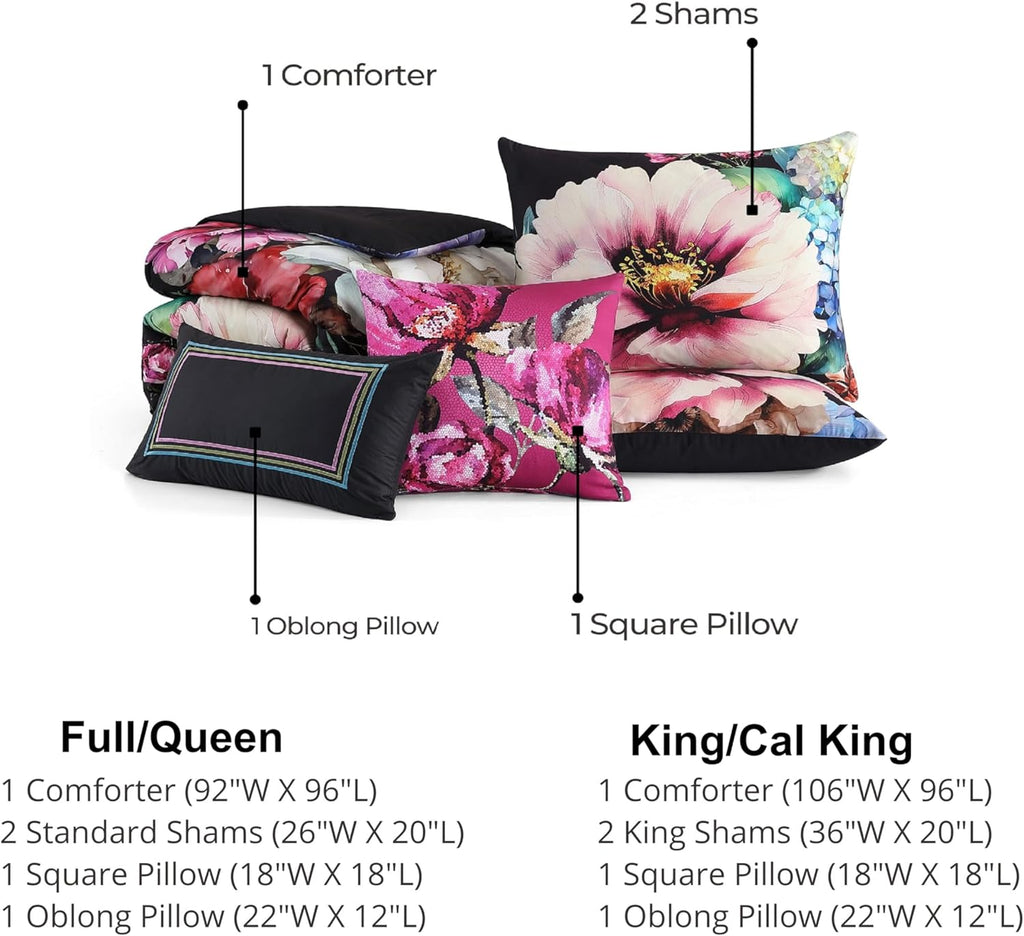 Bebejan Black Night Poppies 5 Piece Comforter Set, 100% Cotton Sateen, 220 Thread Count, Reversible Bedding Comforter Set, 1 Comforter, 2 Shams & 2 Pillows (King/Cal King)