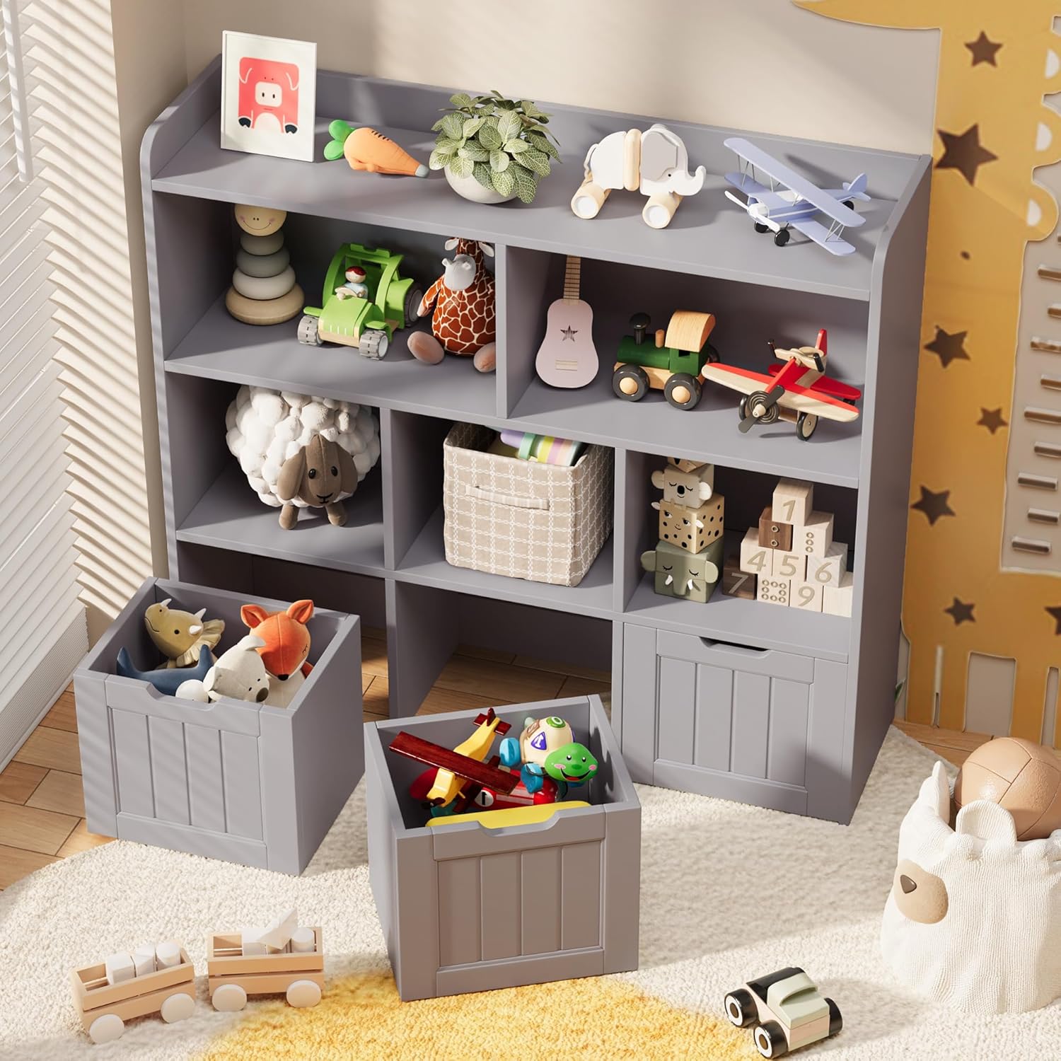 Gizoon Toy Storage Cabinet and Kids Bookcase with 3 Movable Drawers and 6 Open Shelves Featuring Fall Prevention Barrier for Playroom Nursery Kids Room Organization, Gray