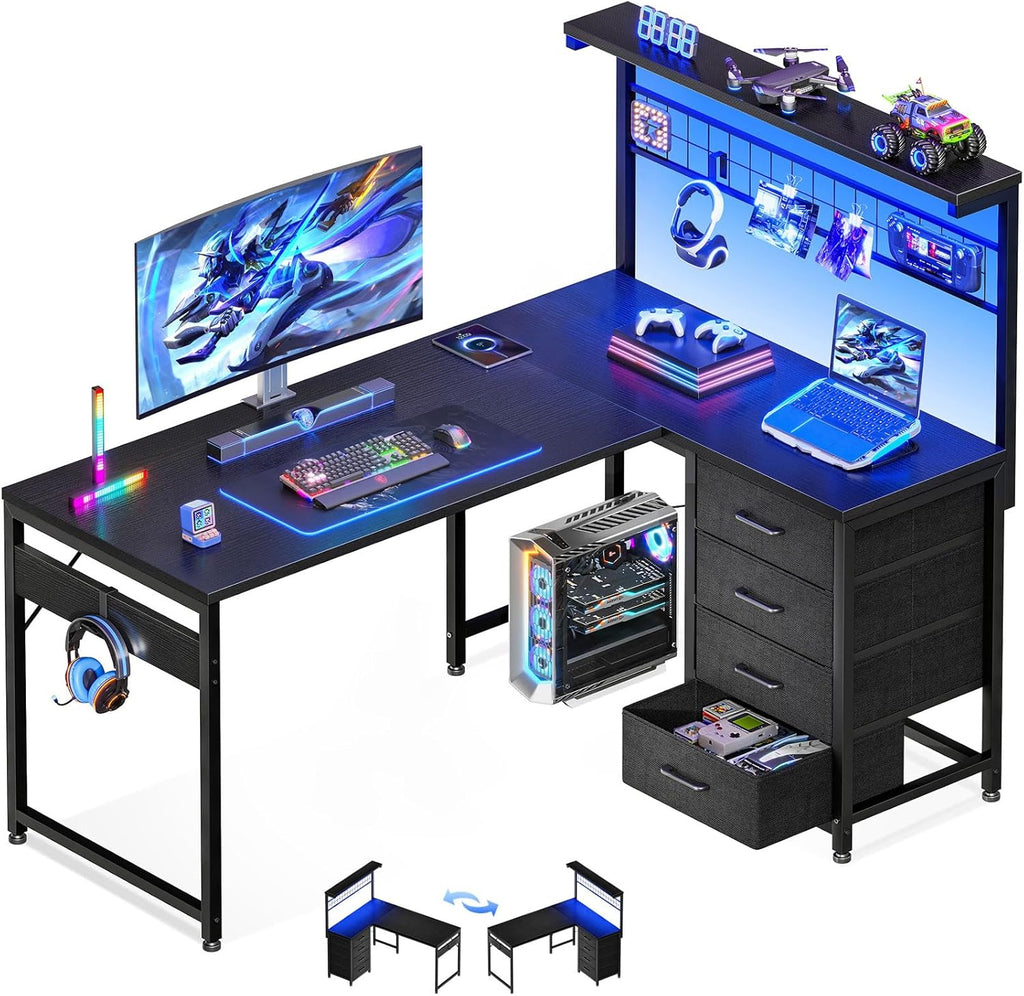 MOTPK 43” L Shaped Gaming Desk for Small Rooms, Compact Corner Computer Table with Shelf & Hutch, 4 Drawers, Reversible Study Desk with LED Light, Home Office Table, Black