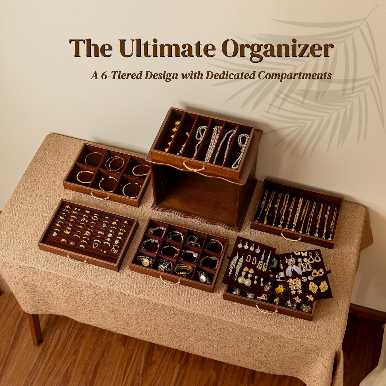 KINTNESS Black Walnut Wooden Jewelry Box - 6 Drawers Solid Wood Large Jewelry Organizer with Secret Compartment for Women Girls, Jewelry for Bracelet, Necklace, Ring, Earring