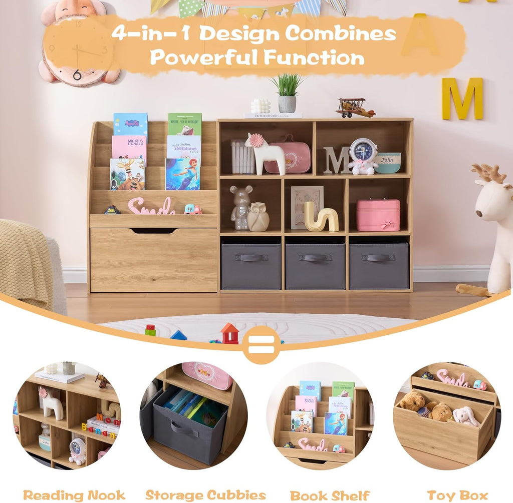 Fatmok Kids Bookshelf and Toy Storage, Toy Storage Organizers with Movable Drawers & 3 Storage Bins, Kids Reading Nook Toy Organizers Shelf with 5 Cubbies, Natral Wood