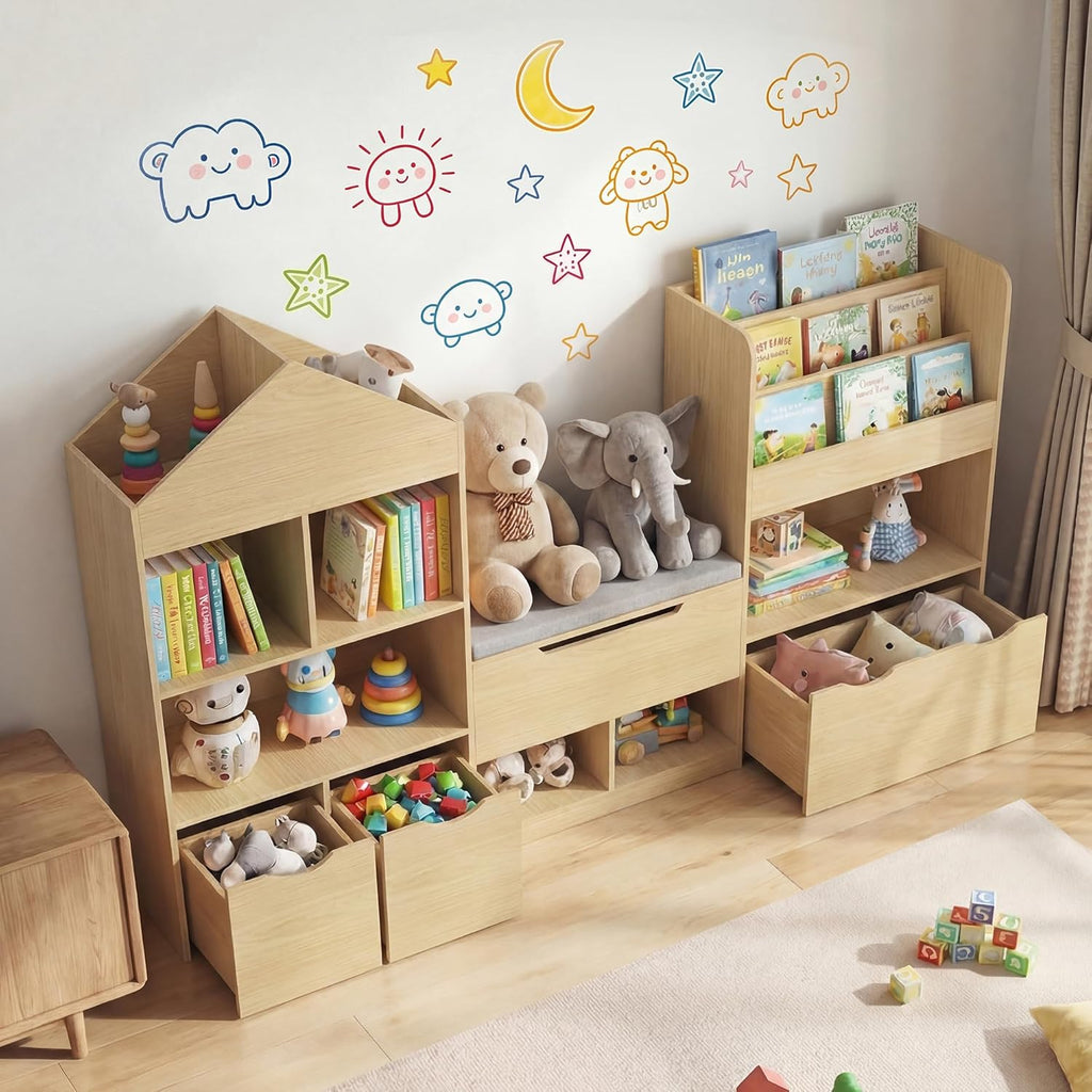72" Kids Castle Bookshelf with Reading Nook, Large Toy Storage Organizer with Seat Cushion, 4 Drawers, Wheels, Kids Bookshelf and Bookcase w/8 Cubbies for Playroom, Nursery, Bedroom (Burlywood)