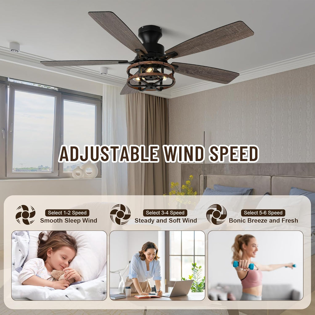 52" Farmhouse Ceiling Fans with Lights and Remote,Chandelier Ceiling Fan with 5 Double Colour Blades Reversible DC Motor,Rustic Caged Ceiling Fan for Living Room,Dining Room,Bedroom