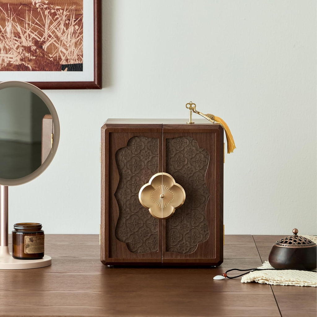 Lockable Walnut Jewelry Box with Key, 5-Layer Jewelry Organizer Storage Box for Necklaces, Rings, Earrings & Bracelets - Mothers Day Gifts for Mom