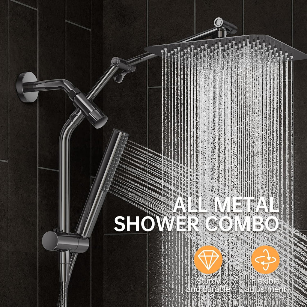 Veken All Metal 10" Gunmetal Gray Shower Head with Handheld, Luxurious Square Double Rain Shower Heads with Spray Combo, Dual High Pressure Detachable Rainfall Showerhead with Extension Arm, Long Hose