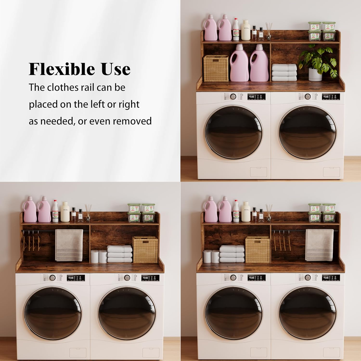 Unionly 2-Tier Washer Dryer Countertop with Clothes Rail，Laundry Topper with Edge and Non-Slip Pad for Washer and Dryer Laundry Hamper Counter Storage Organization (Rustic Brown, Full)
