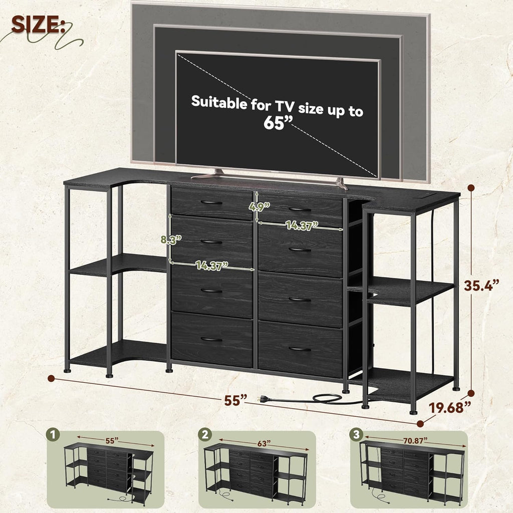 8 Drawer Dresser for Bedroom with Charging Station,3 Configurations (U/L/Linear), Fits 55/65/75''TV,Large TV Stand with 5 Wooden Storage Shelves,Entertainment Center for Living Room,Hallway,Black