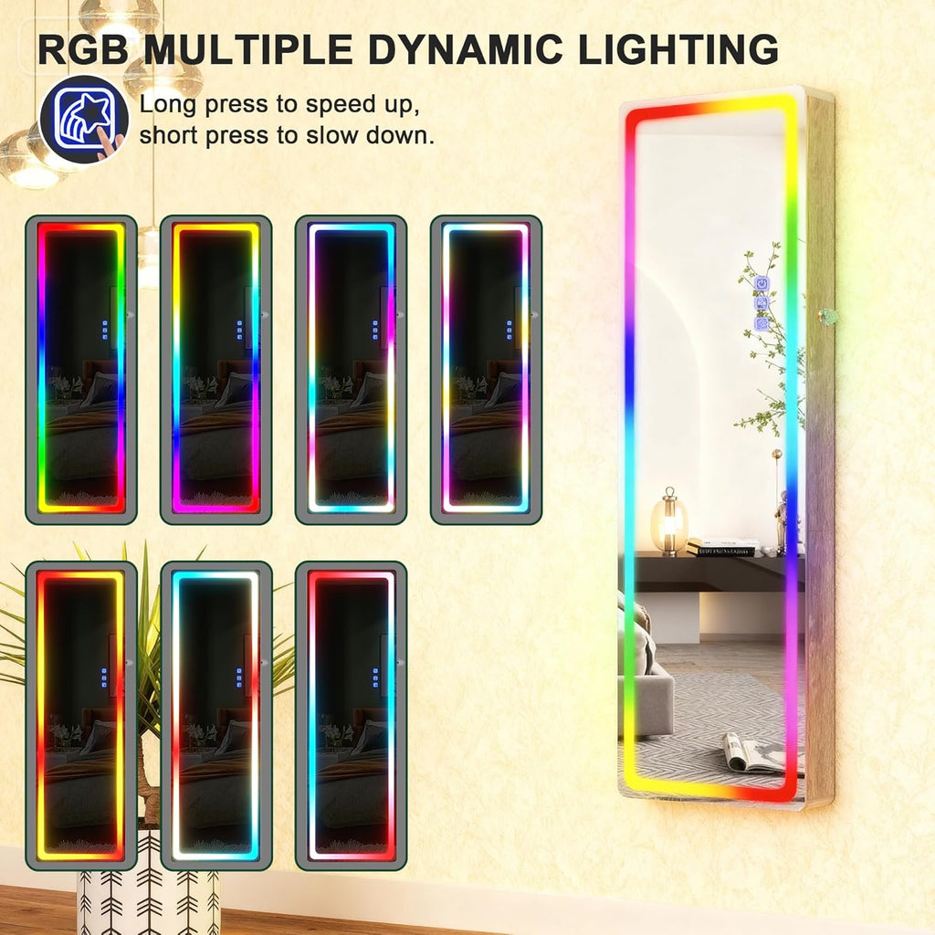 Lvifur LED Mirror Jewelry Cabinet - with RGB lights,Lockable Wall/Door Mounted Full Length Mirror with Storage,Hanging Jewelry Organizer-2 Drawers,Foldable Shelf,Built-in Lighted Mirror(Wood)