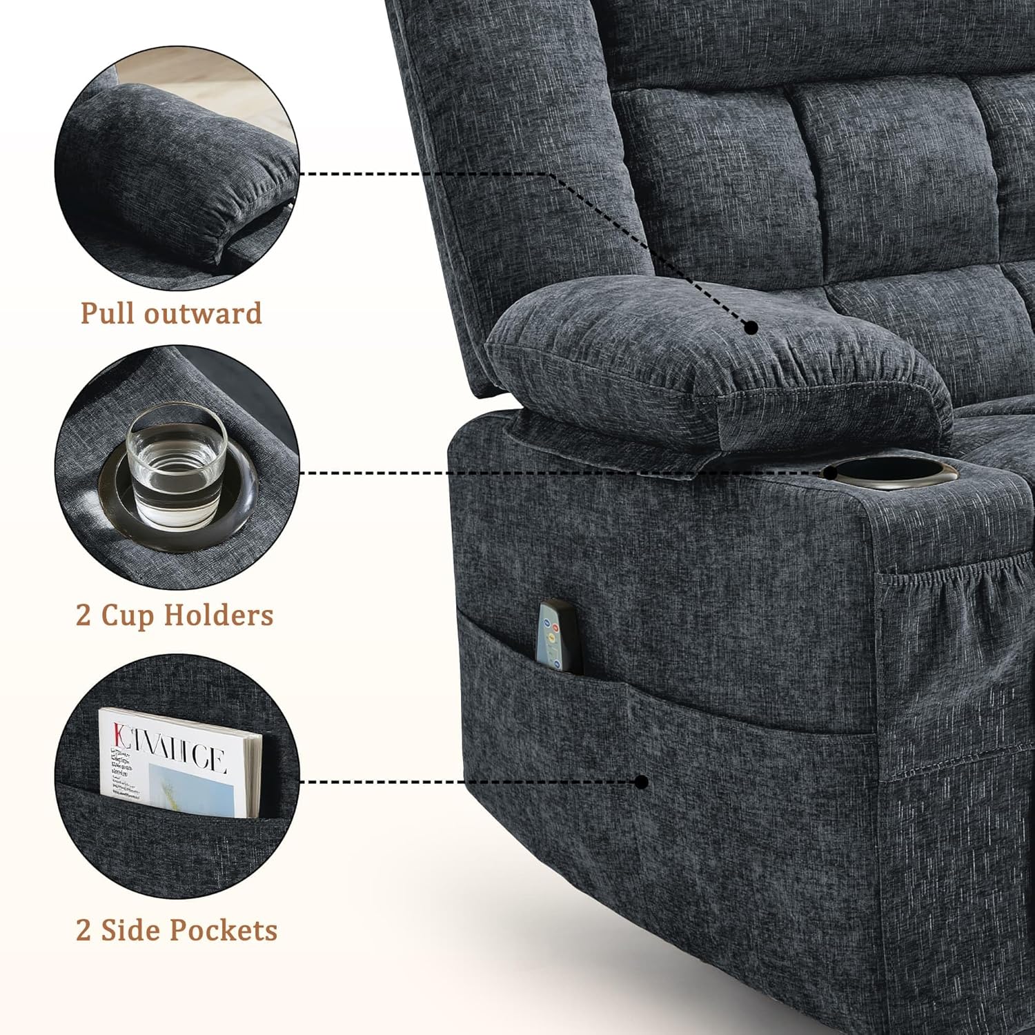 Korser 360° Swivel Rocker Recliner for Adults, Nursery Glider Recliner with Massage and Heating, Rocking Chair with Cup Holder, Manual Recliner Chair for Living Room, Bedroom (Fabric, Dark Gray)