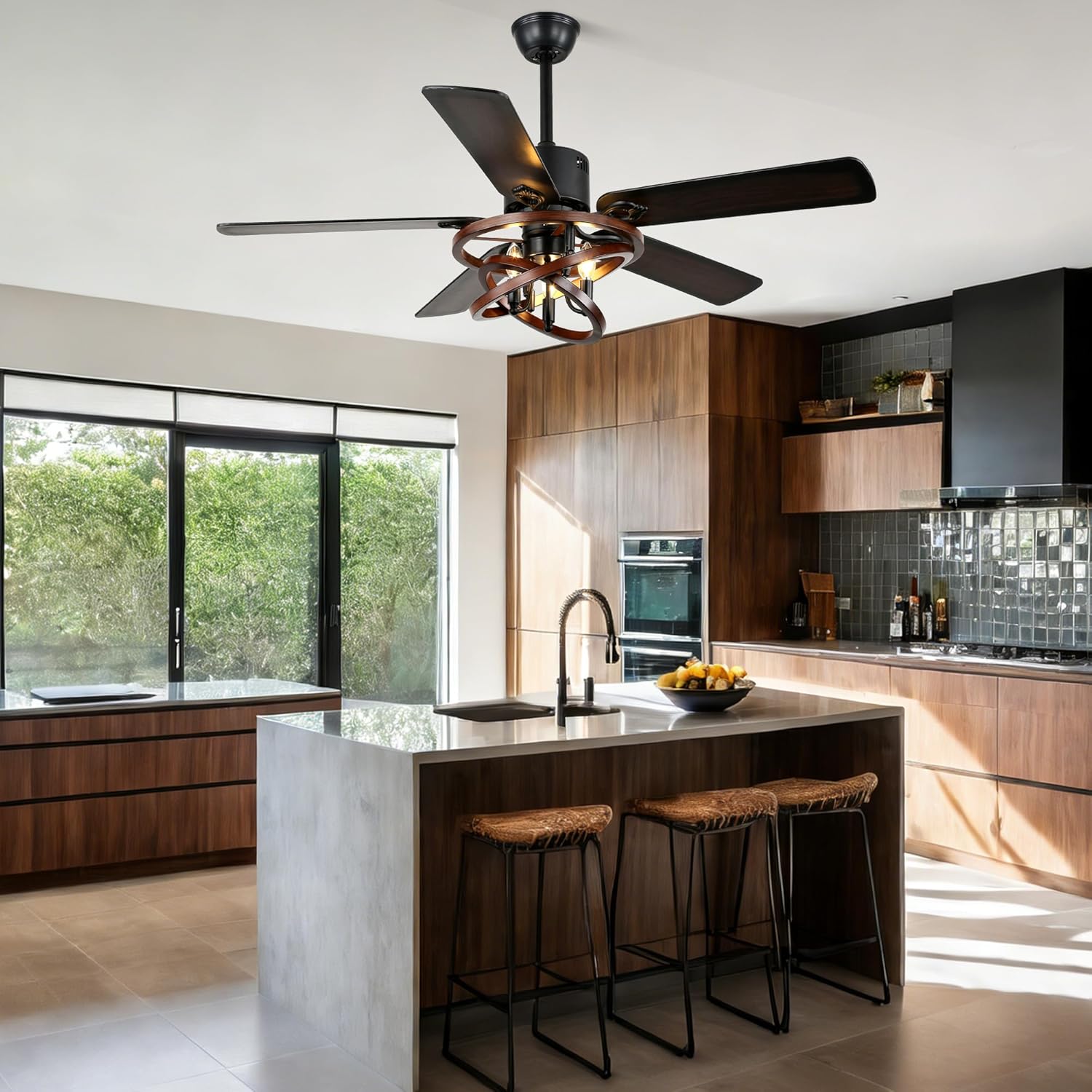 52" Ceiling Fan with Lights and Remote,Industrial Farmhouse Ceiling Fan with Adjustable Wood Grain Iron Cage,5 Reversible Dual-Color Blades,DC Quiet Motor,6 Speeds,Timer for Bedroom Living Room