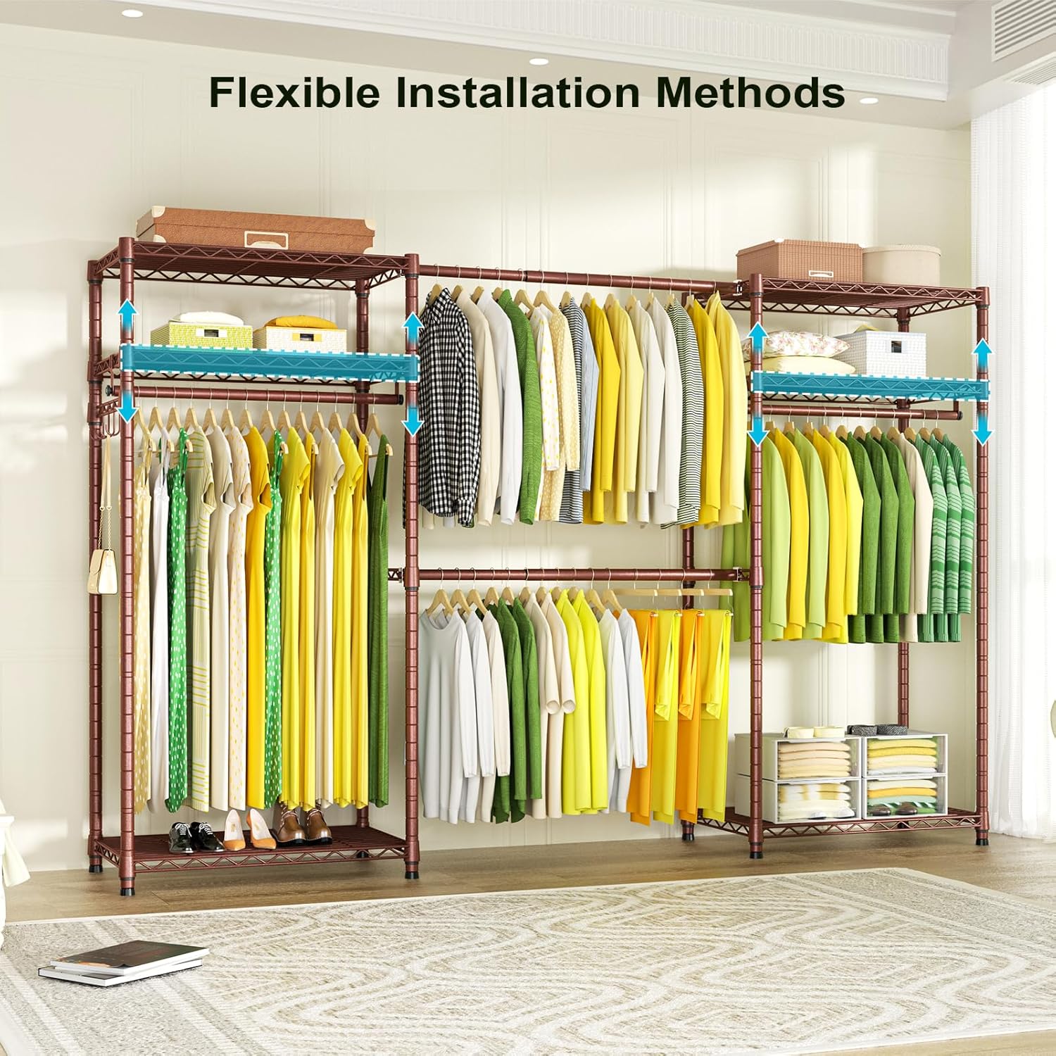 Ulif E1 Heavy Duty Closet Garment Rack, 6 Tiers Adjustable Metal Freestanding Expandable Clothing Storage with 4 Hanger Rods, Easy to Assemble Wardrobe, 71.4" H x (70" - 88.2") L x 14" D, Bronze