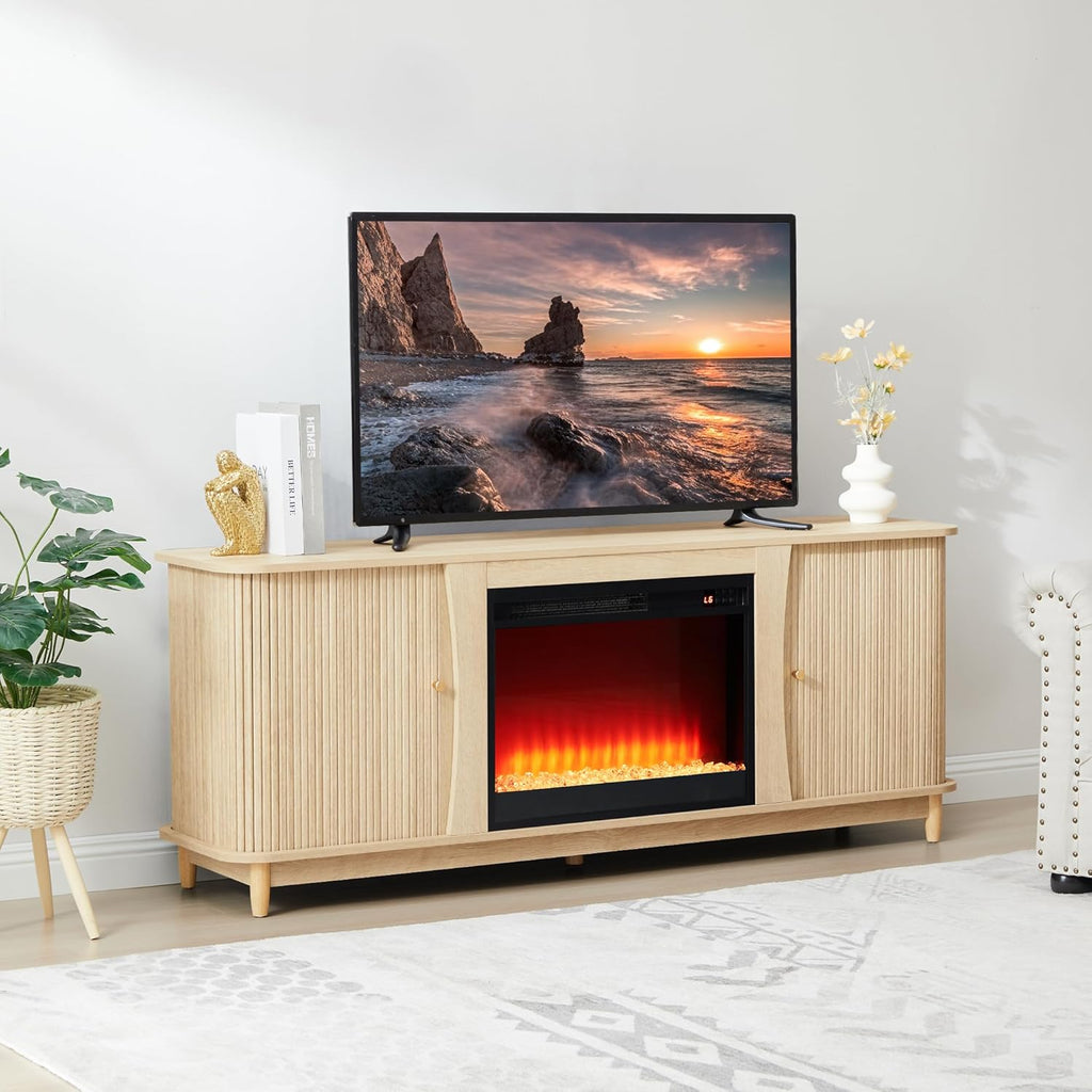 Fireplace TV Stand, Fluted TV Stand with Storage and Sliding Door, Farmhouse Entertainment Center Media Console Table for Living Room (Natural)
