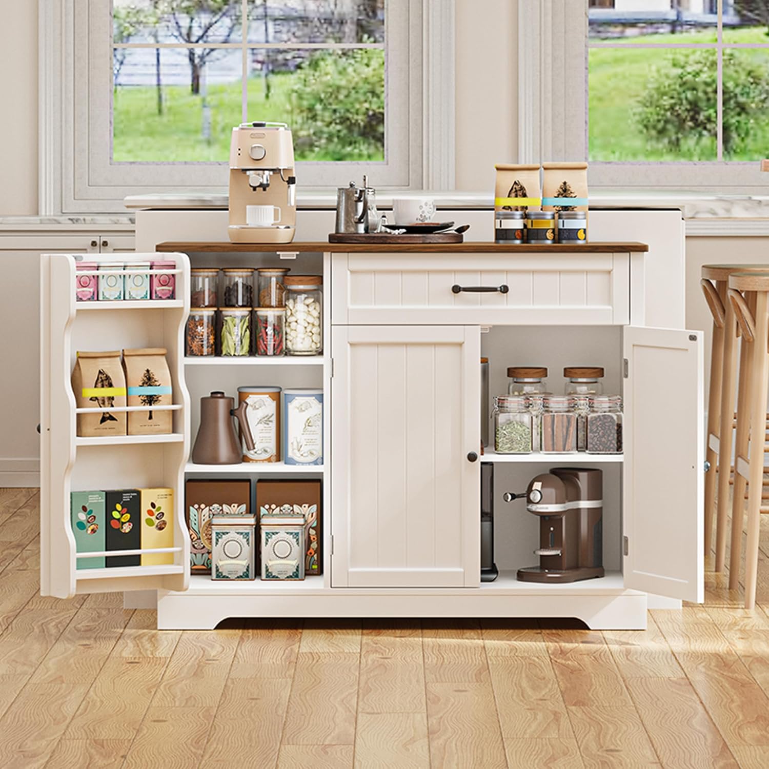 Gizoon Kitchen Coffee Bar Cabinet with Storage Kitchen Sideboard Buffet Cabinet with Drawers, Short Pantry with Door and Shelves for Bathroom and Living Room, White and Rustic