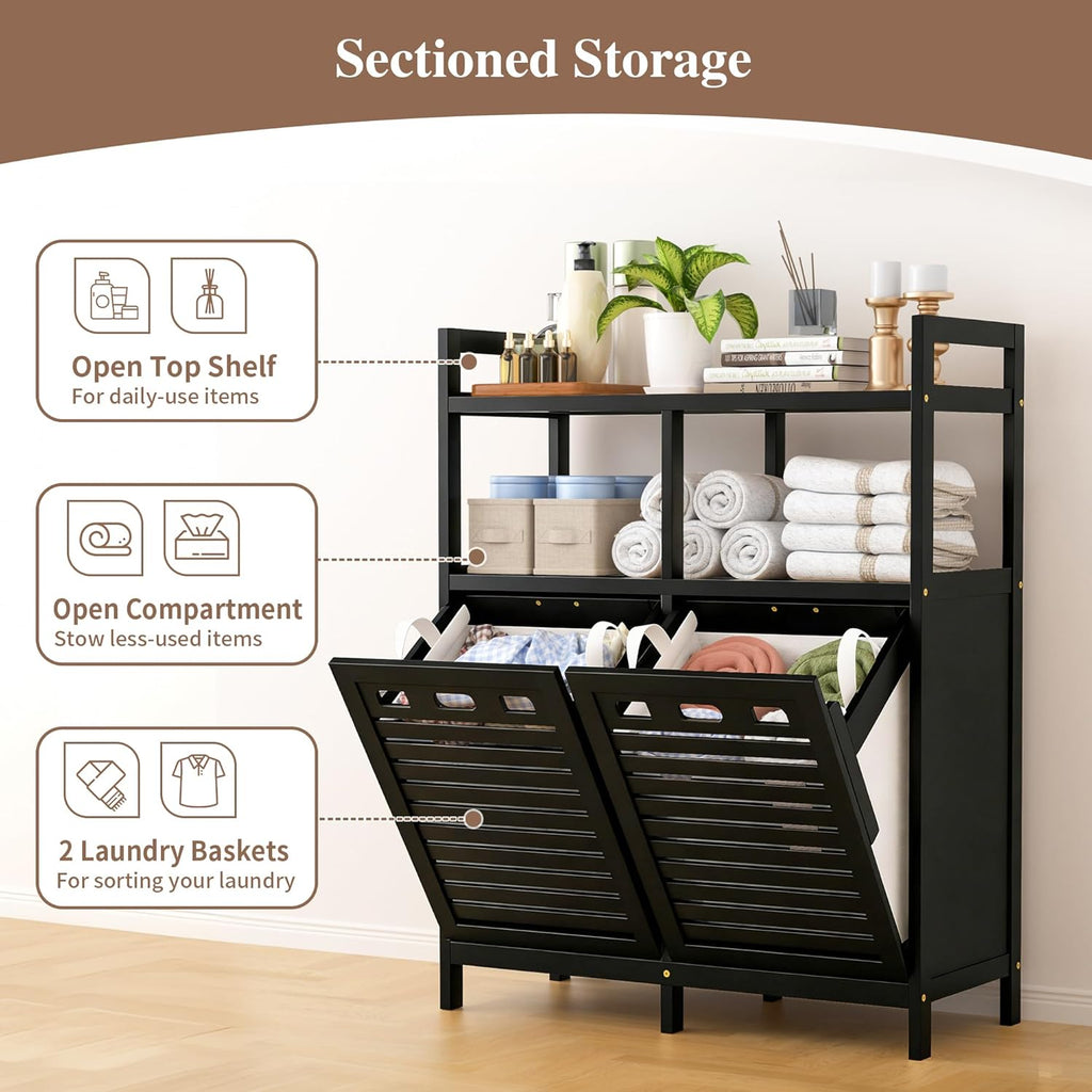 VASMIA Tilt Out Laundry Hamper Cabinet, Bamboo Double Laundry Hamper with 2 Removable Laundry Baskets, 20 Gal Laundry Sorter Organizer with Shelf for Dirty Clothes, Bathroom, Laundry Room, Black