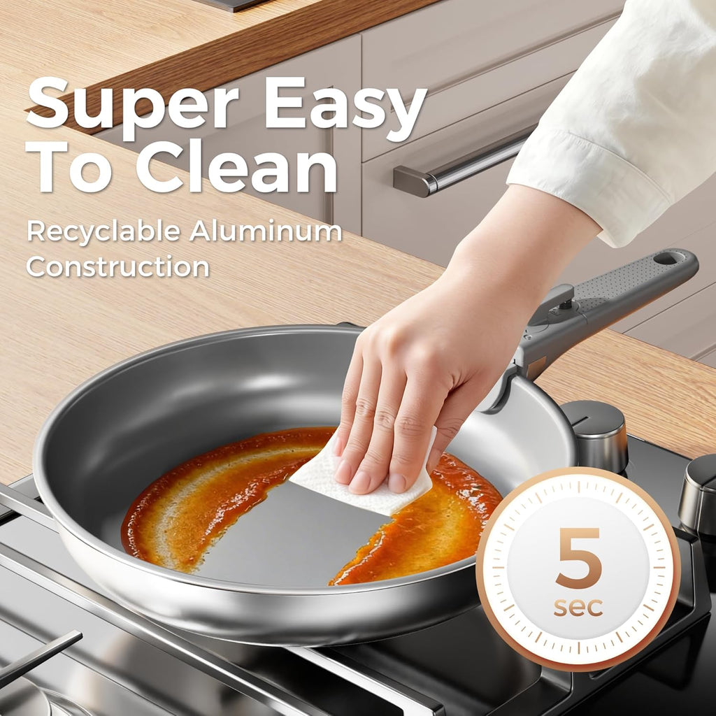 Sanho 21-Piece Pots and Pans Set, Healthy Ceramic Nonstick Cookware with Detachable Handles, Non-Toxic 4-Layer Stainless Steel & Aluminum Core, Induction RV Kitchen Set, Dishwasher & Oven Safe, Gray