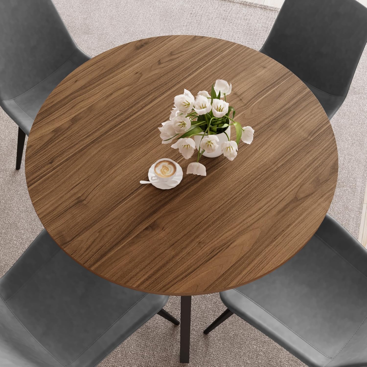 Zerifevni 34.6'' Round Dining Table and Chairs for 4 Space Saving for Apartment Kitchen Dining Room (Walnut Table+4 Grey Chairs)