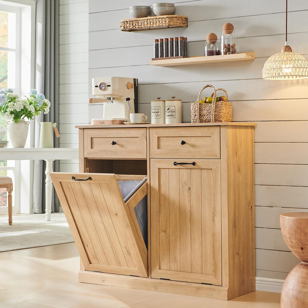 IFBUY Double Tilt Out Laundry Hamper Cabinet, 20 Gallon Farmhouse Trash Can Cabinet with Drawer, Hidden Wood Garbage Can Bin Cabinets with Laundry Storage Basket for Bathroom, Kitchen (Natural)
