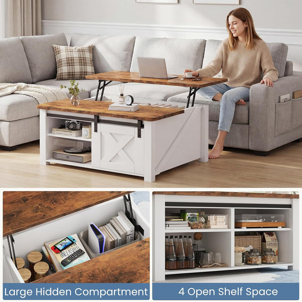 DUMOS Coffee Table, Lift Top Center Table with Storage, Square Living Room Tables with Adjustable Shelves, Wooden Center Coffee Table with Hidden Storage Compartment, White