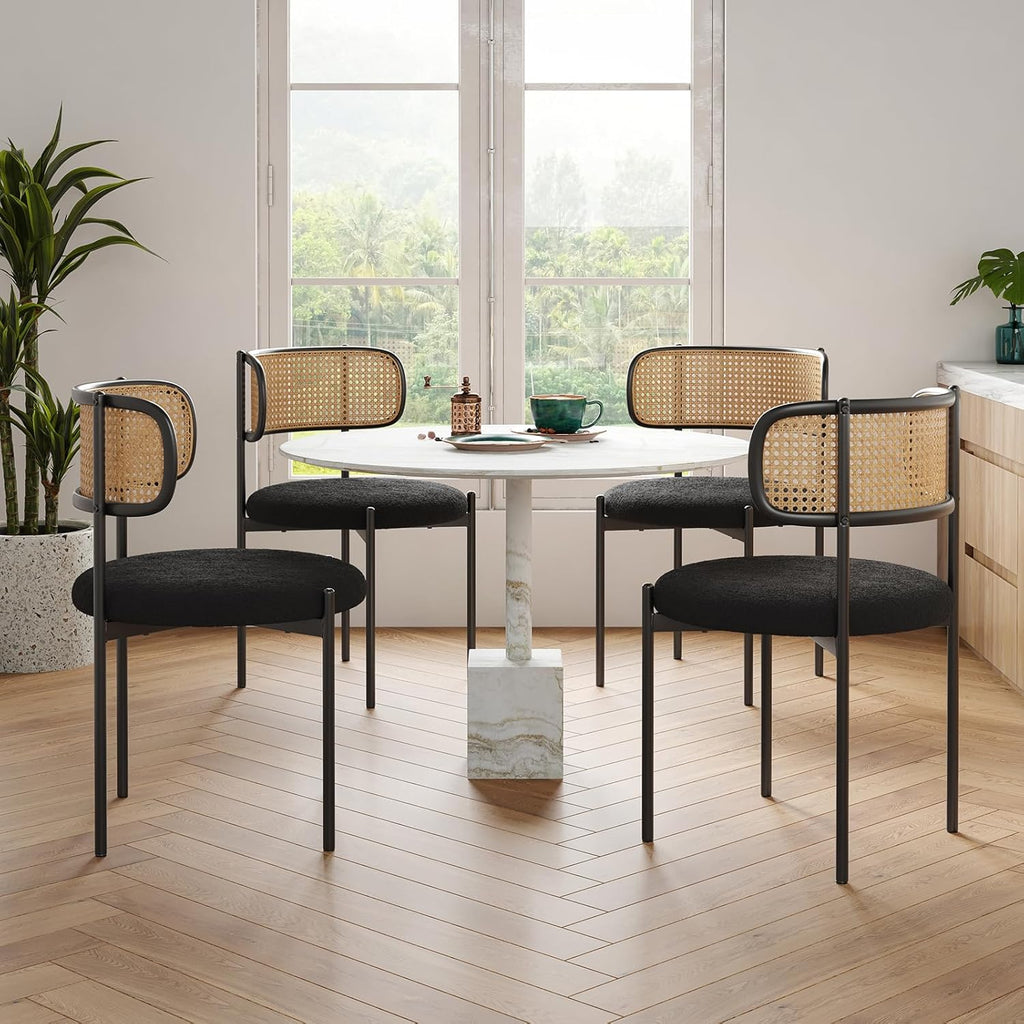 Farini Modern Upholstered Dining Chairs Set of 4,Rattan Back Dining Room Chairs,Accent Kitchen Chairs with Metal Legs,Black