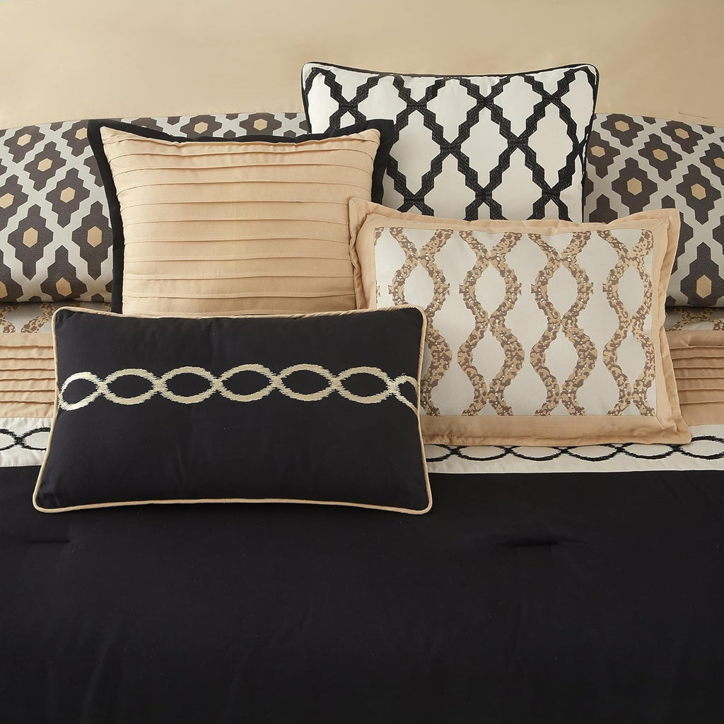 LANCO MODERN LIFESTYLE Queen Comforter Set, Black Gold, 10 Piece Bed in a Bag for All Seasons, Luxury Extreme Comfort Bedding Sets with Bedskirt, Pillow Shams, Euro Shams and Decor Pillows