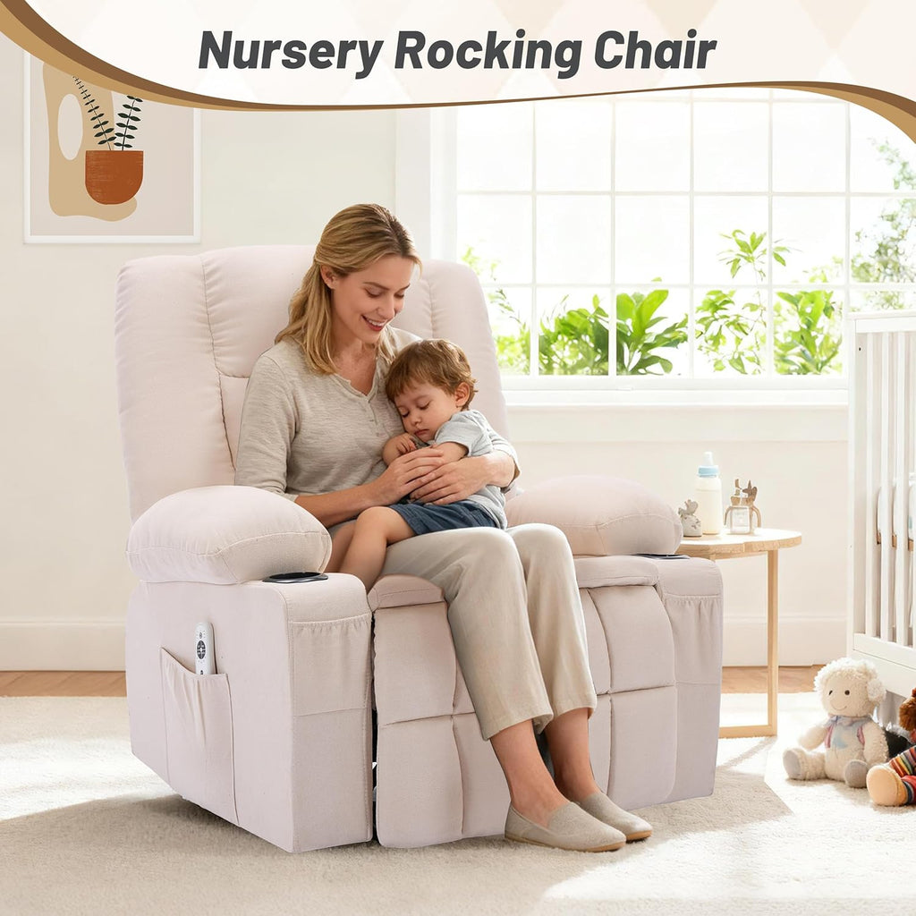 Rocker Recliner Chair with Massage and Heat, Nursery Rocking Chairs for Living Room, Ergonomic Comfy Relining Chair with Cup Holders, USB Charge Port, Side Pockets, Recliner Chair for Adults, Beige