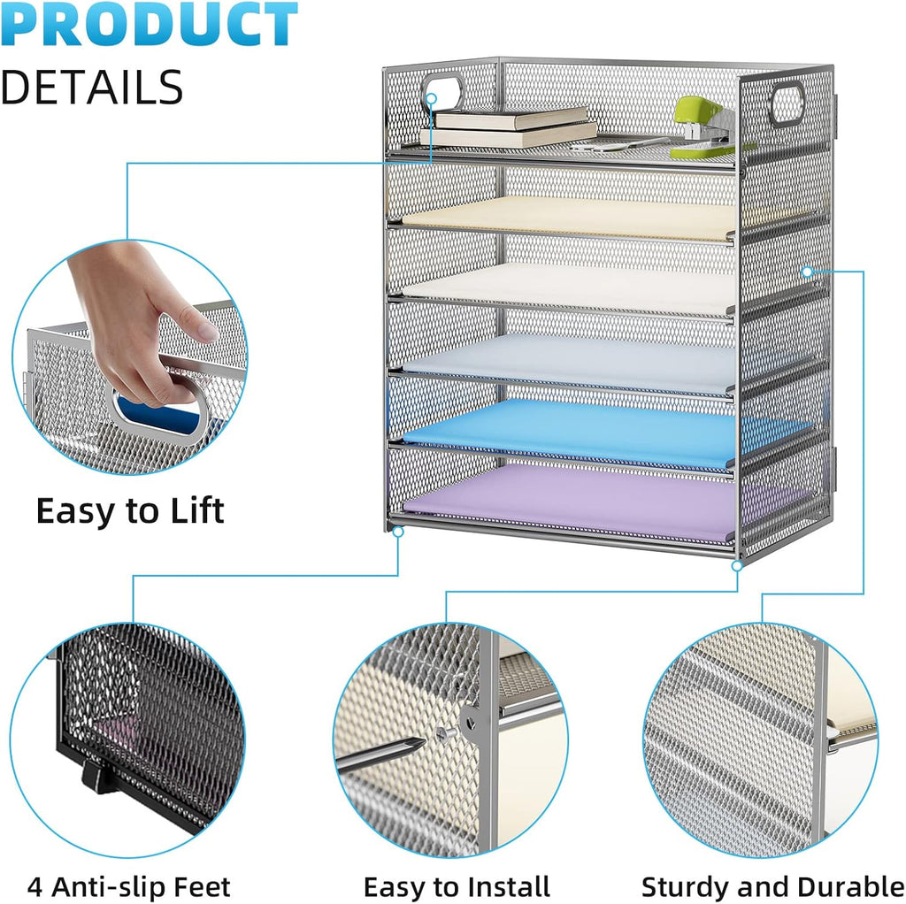 Marbrasse 2 Pack Desk Organizer with Handle, 6 Tier Paper Letter Tray, Mesh Desk File Organizer for Office, School and Home - Silver