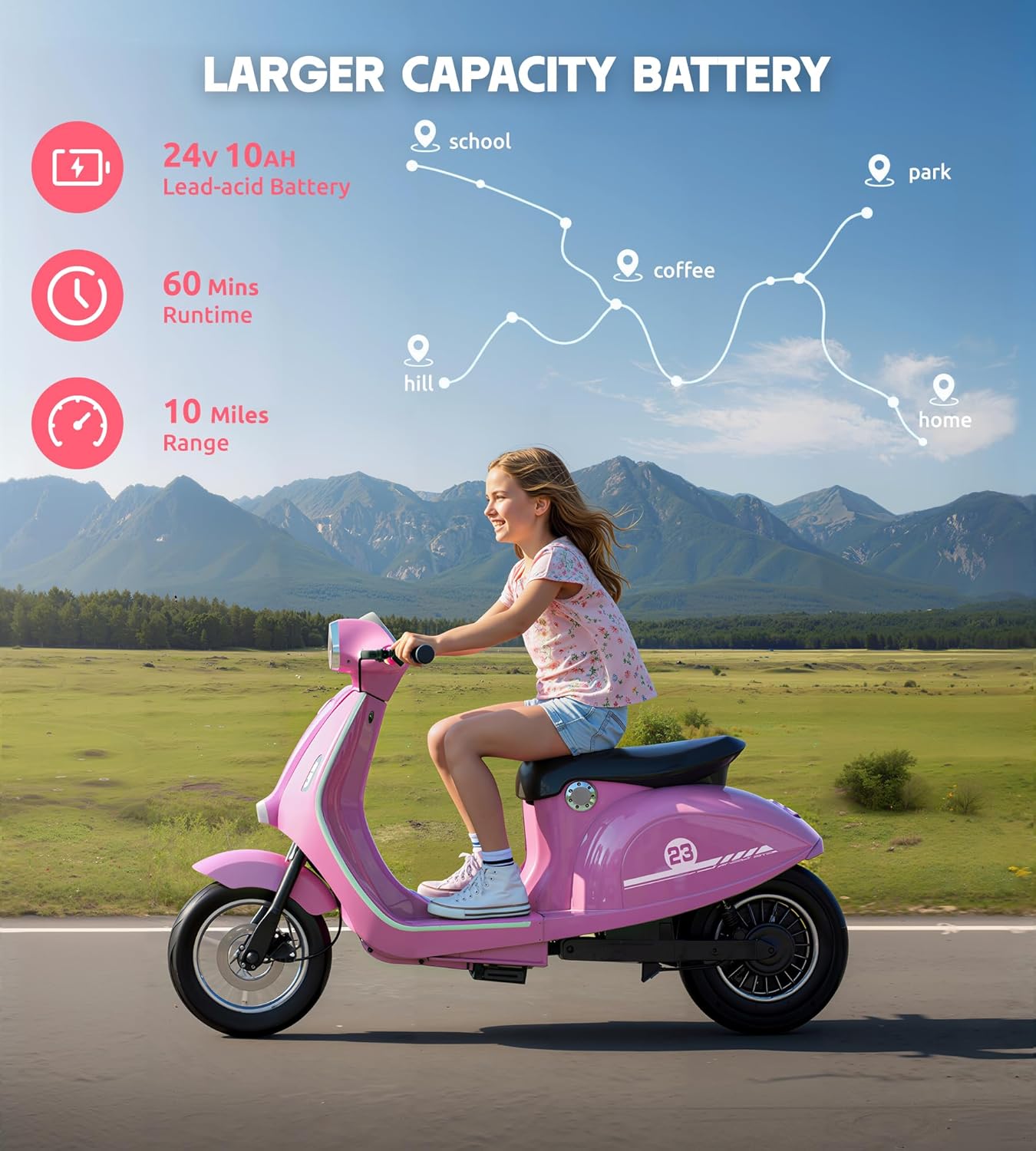Kids Motorcycle, 2 Wheel Electric Motorcycle for Girls Ages 8-12, 24V Ride on Toys with Music, Story, Headlight, 3 Speed Options, Up to 60min Ride Time, for Riders up to 143 lbs, Easy Assemble, Pink