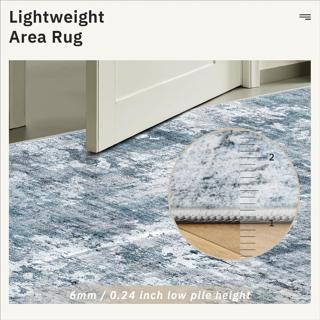 Soalmost 9x12 Area Rugs for Living Room, Abstract Non Slip Machine Washable Vintage Rugs, Low Pile Lightweight Large Rug for Bedroom, Dining Room, Home Office Blue